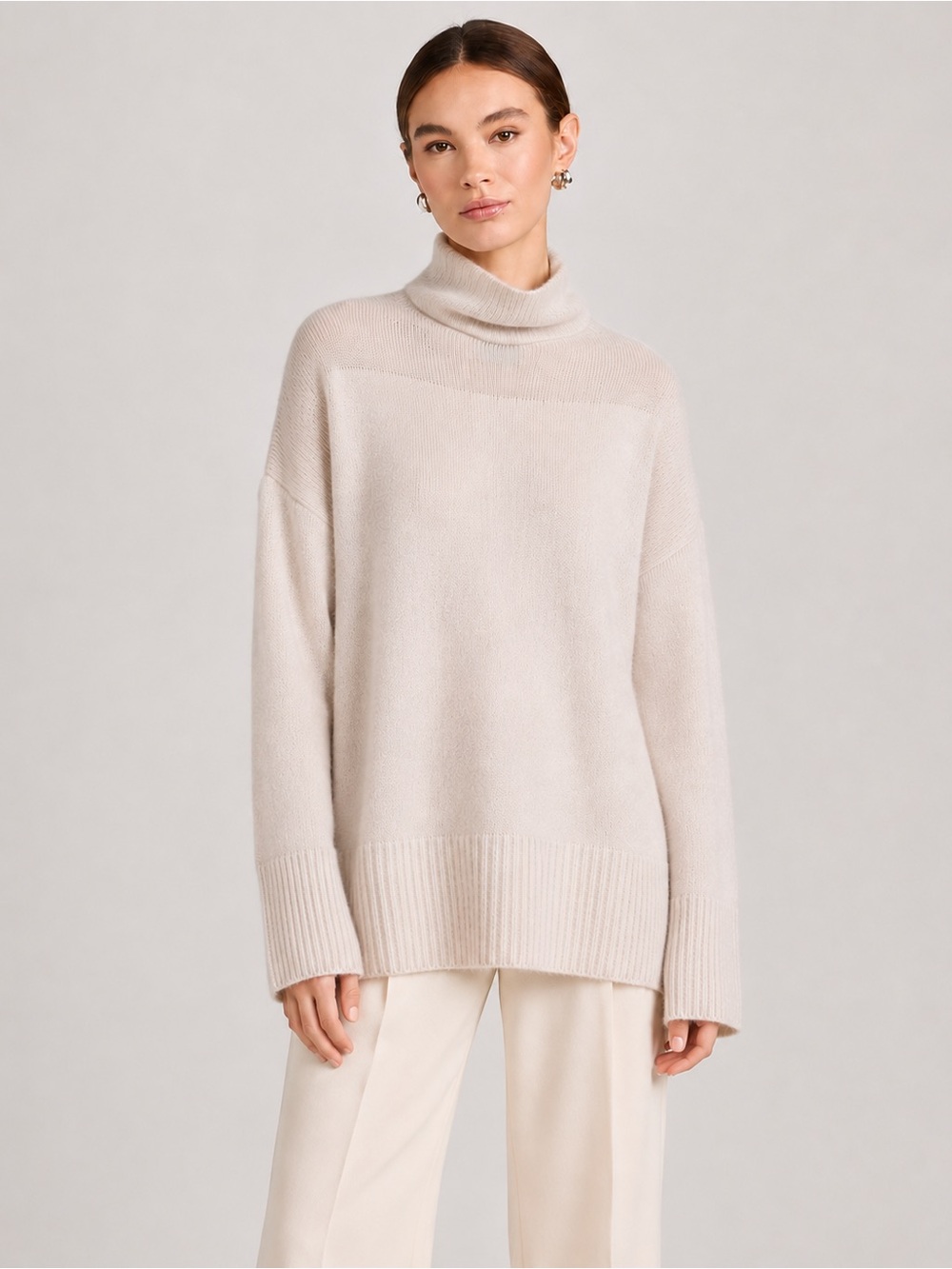 Halogen 100% Cashmere Oversized Turtleneck Tunic Sweater Cream Ivory S